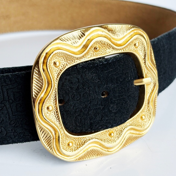 Cipriani Wide Leather Belt Textured Leather Gold Abstract Buckle Retro 90s Sz M main image 8